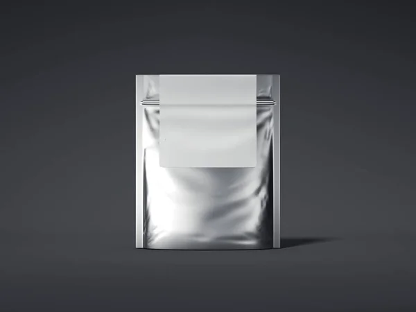 Silberne Reißverschlusstasche mit leerem Etikett. 3D-Darstellung — Stockfoto