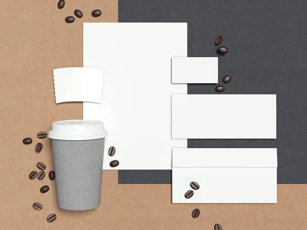 Maquette d'affaires avec tasse à café et haricots. Rendu 3d — Photo