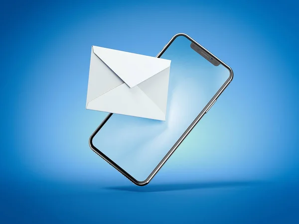 Smartphone mit weißem Umschlag isoliert auf blauem Hintergrund. 3D-Darstellung — Stockfoto