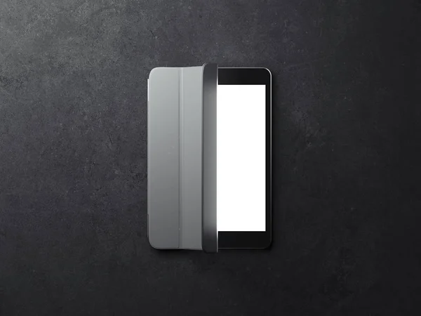 Schwarzes Tablet mit leerem Bildschirm und weißem Cover. 3D-Darstellung — Stockfoto