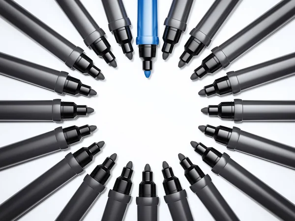 Black pens and one blue. Leader concept. 3d rendering — Stock Photo, Image