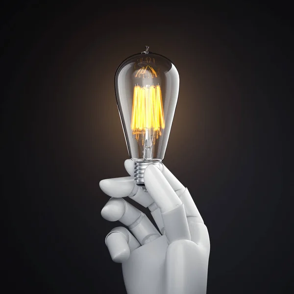 Weiße Roboterhand mit glühender Glühbirne. 3D-Darstellung — Stockfoto