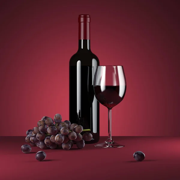 Frasco de vinho tinto com uva. Renderização 3d — Fotografia de Stock