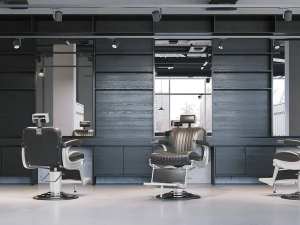Moderne barbershop interieur met stoelen. 3D-rendering — Stockfoto