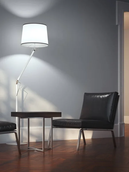 Современная гостиная с черным стулом. 3d-рендеринг — стоковое фото