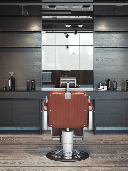 Modern barbershop interiör med röd stol. 3D-rendering — Stockfoto