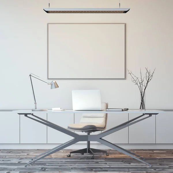 Яркий белый офисный интерьер с глянцевой рамкой. 3d-рендеринг — стоковое фото