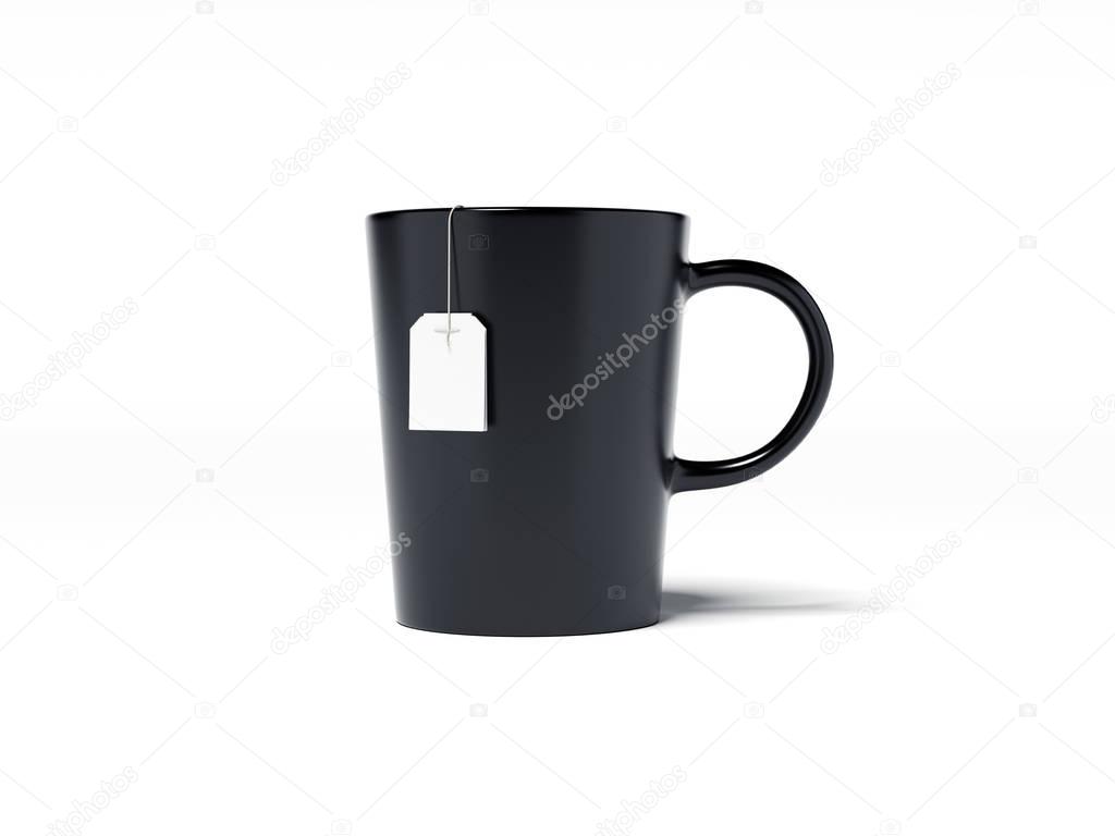 Black cup and tea bag with white label isolated on bright background. 3d rendering