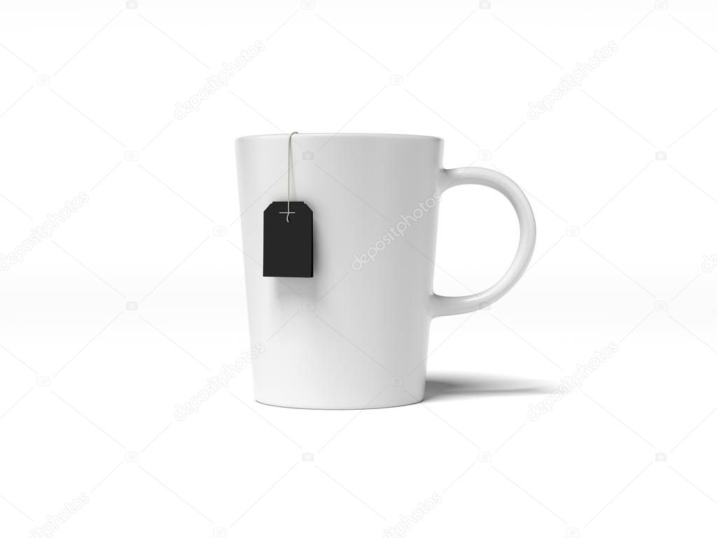 White cup and tea bag with black label. 3d rendering