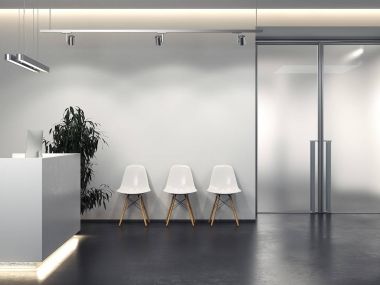 Resepsiyon ve satır koltukları ile temiz iç. 3D render