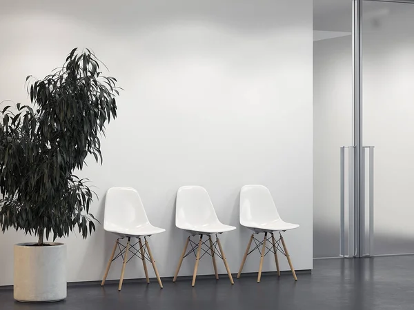 Čistý světlý interiér s řadou židlí. 3D vykreslování — Stock fotografie
