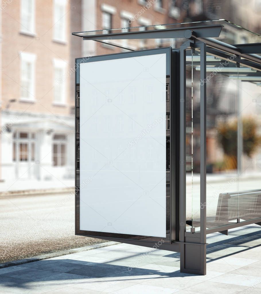 Bus stop with blank ad banner. 3d rendering