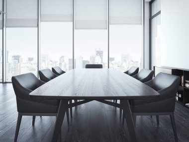 Modern ofis toplantı salonu ile kahverengi masa. 3D render