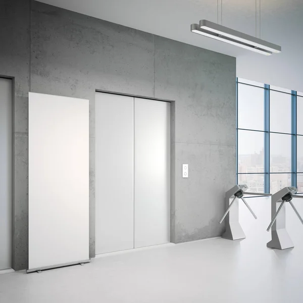 Elevators and white rollup banner. 3d rendering — Stock Photo, Image