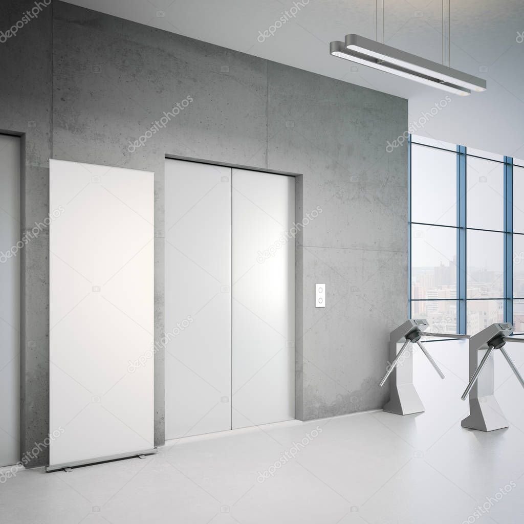 Elevators and white rollup banner. 3d rendering