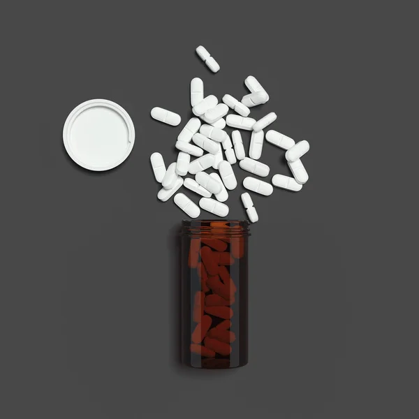 Braunes Glas mit weißen Pillen. 3D-Darstellung — Stockfoto