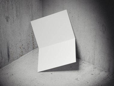 Beyaz beton köşesindeki broşür. 3D render