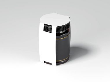 Kahverengi Siyah etiketli ve beyaz kapak kavanoz. 3D render