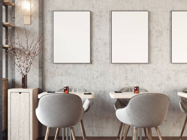 Boş resim çerçeveleri ile modern rahat Restoran iç. 3D render