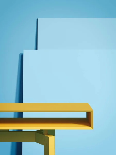 Gul tom tabell och två blå tavelramar. 3D-rendering — Stockfoto