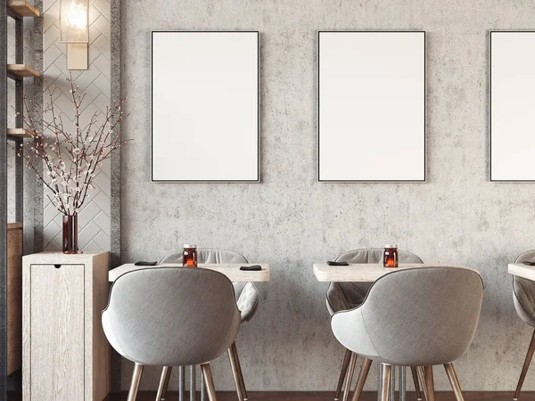 Moderne sfeervolle restaurant interieur met lege afbeeldingsframes. 3D-rendering — Stockfoto