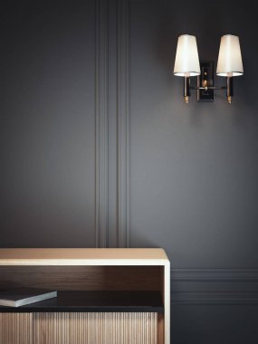 Karanlık klasik iç lambalı ve dolap. 3D render