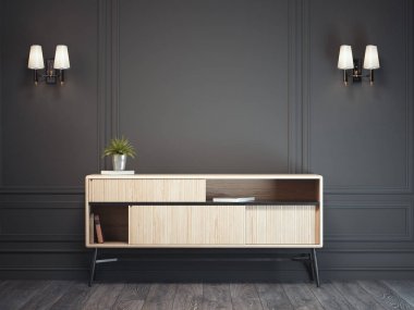 Karanlık klasik iç ahşap dolap ile. 3D render