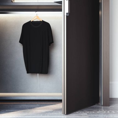 Dolap askı üzerine boş siyah t-shirt ile. 3D render