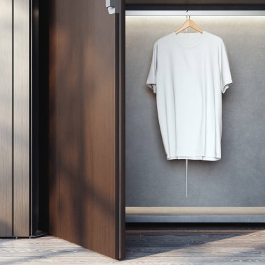 Boş beyaz t-shirt üzerine askı ile dolap. 3D render