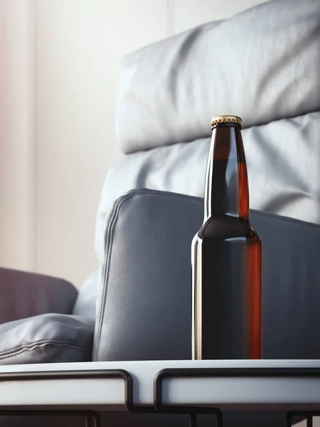 Bottiglia di birra marrone sul tavolino in interni accoglienti. rendering 3d — Foto Stock