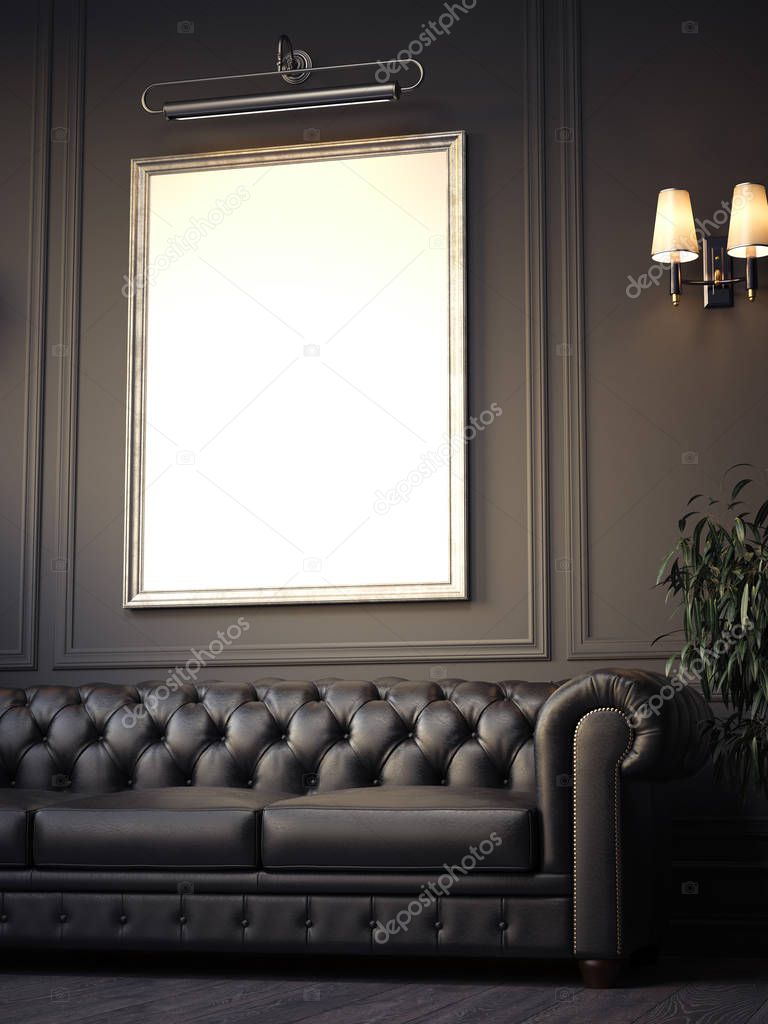 Dark cozy classic interior with sofa and blank picture frame . 3d rendering