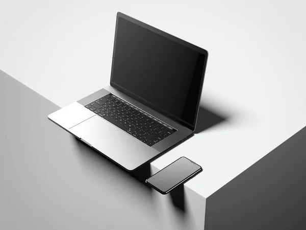 现代银笔记本电脑和智能手机。3d 渲染 — 图库照片