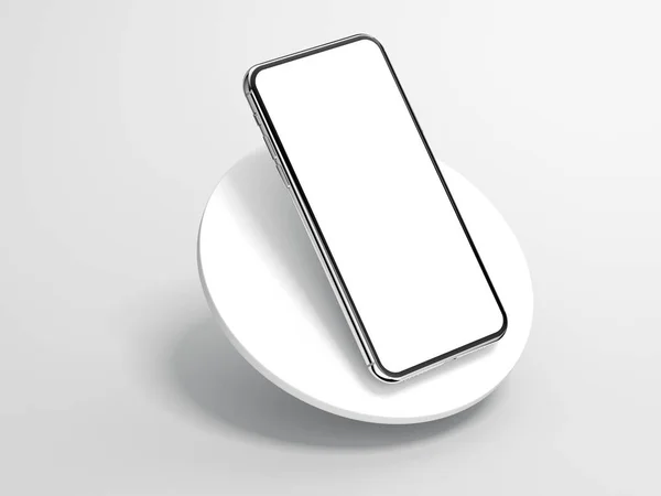 Modern silver smartphone isolated on cylinder. 3d rendering — Stock Photo, Image