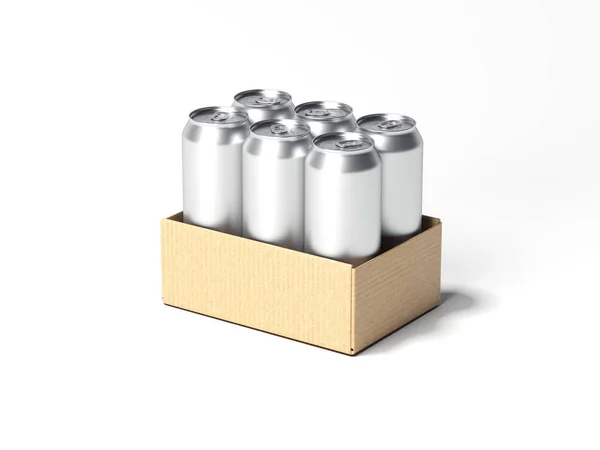 Braune Schachtel mit Bierdosen. 3D-Darstellung — Stockfoto
