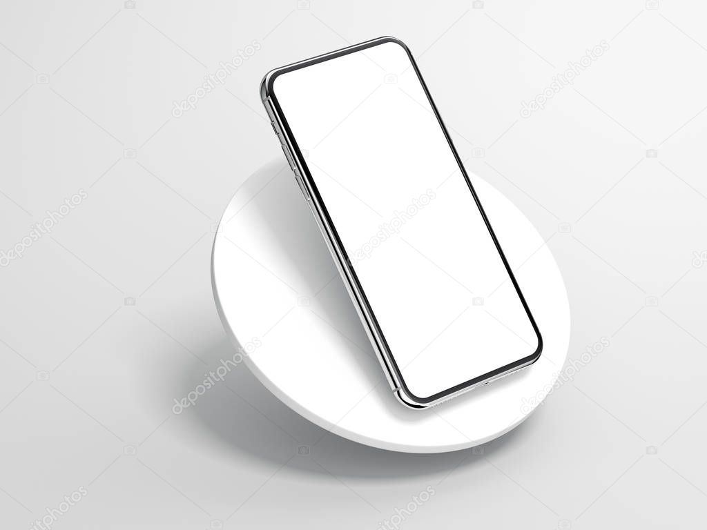 Modern silver smartphone isolated on cylinder. 3d rendering