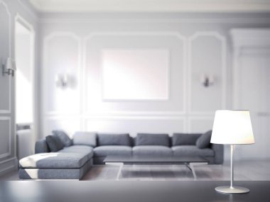 Tablo ve lamba foregound ve odak, 3d render ile modern rahat Oda