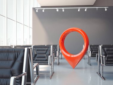 Karanlık sandalye ve kırmızı coğrafi etiket veya harita PIN ile Havaalanı bekleme salonu. 3D render