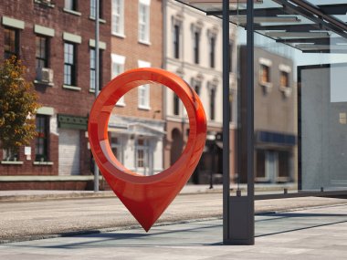 Otobüs istasyonu boş afiş ve kırmızı coğrafi etiket veya harita PIN ile. 3D render