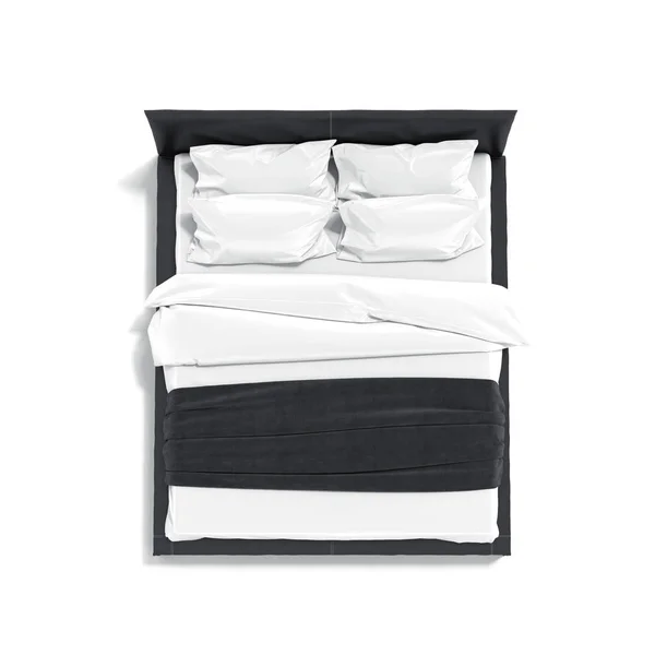 Ranjang hitam dengan linen putih, tampilan atas, render 3d — Stok Foto