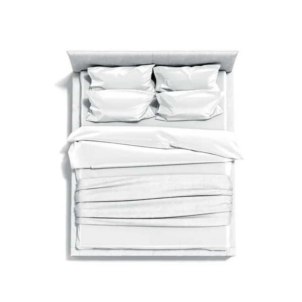Wit bed met wit beddengoed bovenaanzicht, 3D-rendering — Stockfoto