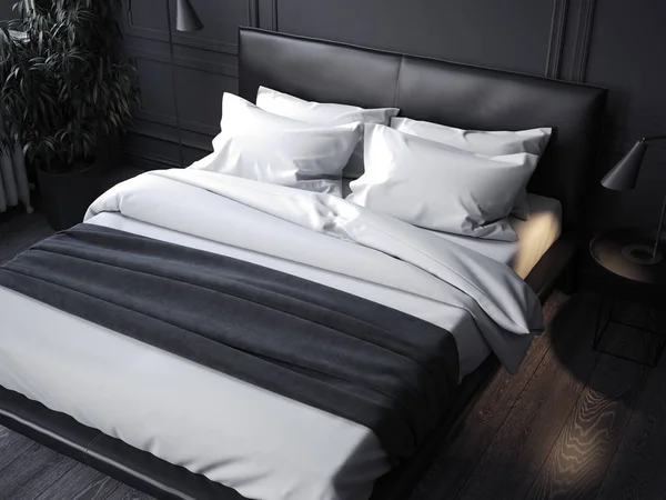 Cama realista negra con ropa de cama blanca, representación 3d — Foto de Stock