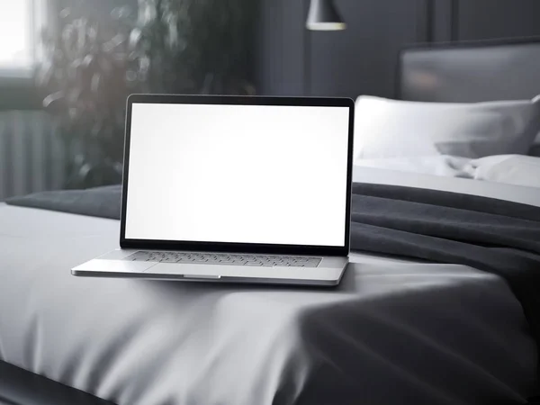 Realistyczne laptop stoi na ciemny łóżka z białą pościelą, renderowania 3d — Zdjęcie stockowe