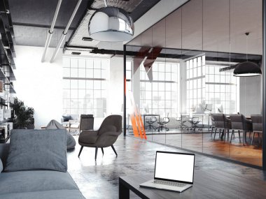 Geri kalan saydam cam duvarlı, 3d render için oda modern ofis