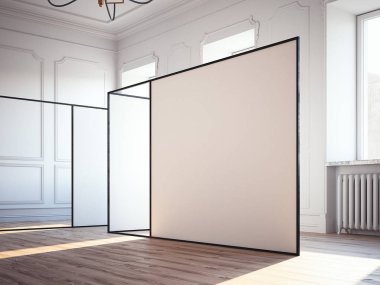 Boş duvarlar ile klasik iç parlak sergi salonunda. 3D render