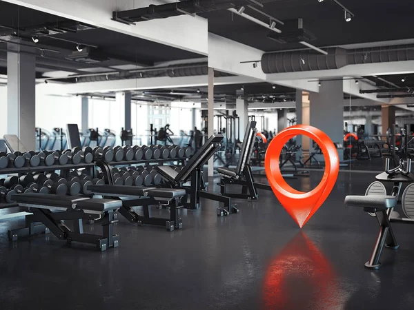 Gym dengan dinding putih dan lantai gelap dengan geotag merah, 3d rendering — Stok Foto