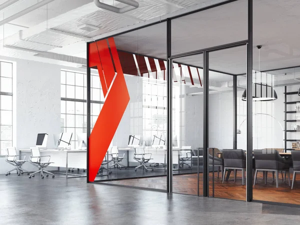 Sala riunioni ufficio e spazio aperto di lavoro bianco, rendering 3d — Foto Stock