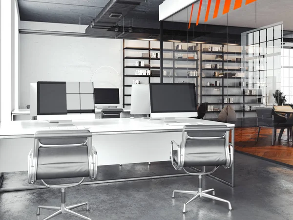 Espacio abierto de oficina moderna con paredes brillantes, renderizado 3D —  Fotos de Stock