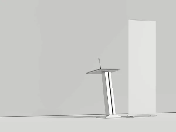 Heldere conferentiezaal met microfoon tribune en witte oprolbare, 3D-rendering — Stockfoto
