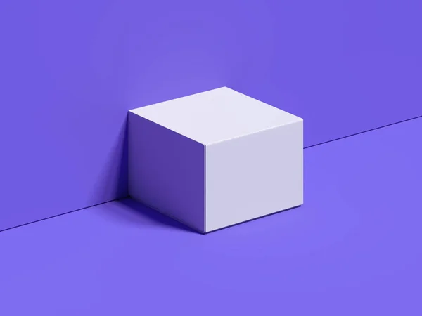 Caixa quadrada branca fica ao lado da parede violeta e piso, renderização 3d — Fotografia de Stock