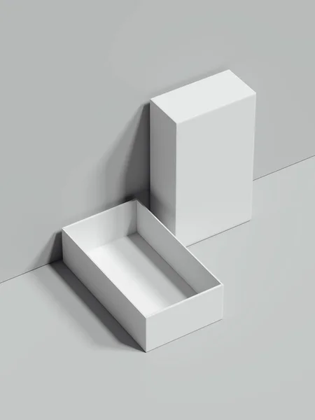 White otwarte prostokątne pudełko stoi obok szare ściany, renderowania 3d — Zdjęcie stockowe